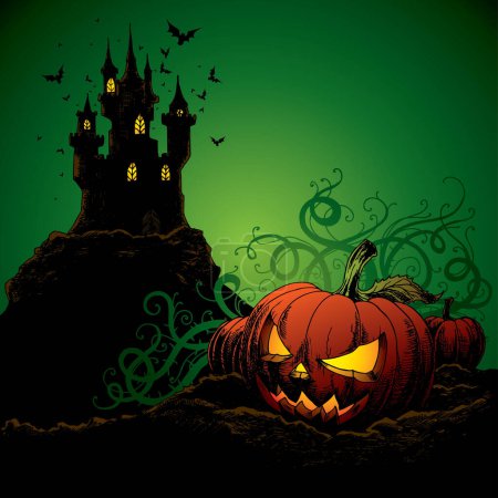 Illustration for Halloween pumpkin with castle on background - Royalty Free Image
