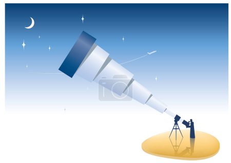 Ilustración de Vector de dibujos animados estilo ilustración de telescopio con estrellas y luna en el cielo - Imagen libre de derechos