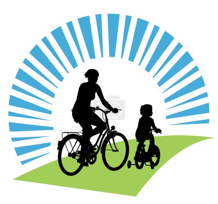 Téléchargez les illustrations : Silhouette de famille à vélo en arrière-plan. illustration vectorielle. - en licence libre de droit