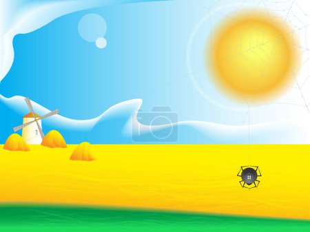 Téléchargez les illustrations : Paysage d'été avec soleil et cerf-volant - en licence libre de droit