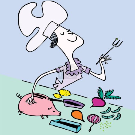 Ilustración de Mujer cocinando. ilustración dibujada a mano vector de dibujos animados. - Imagen libre de derechos