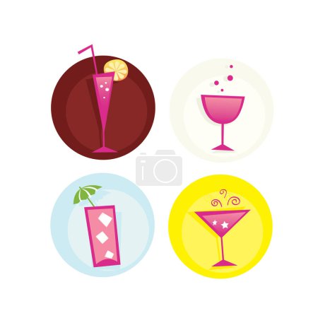 Illustration for Set of four cocktails and cocktails with drinks, cocktails, ice cream, lemon, orange, cherry and a glass - Royalty Free Image