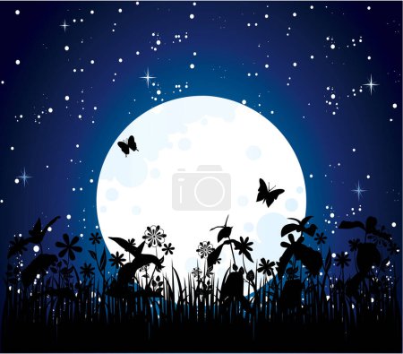 Ilustración de Luna y estrellas y mariposas fondo. - Imagen libre de derechos