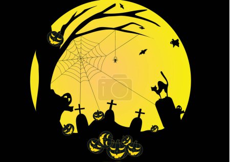 Téléchargez les illustrations : Fond d'Halloween avec citrouilles et lune, illustration vectorielle - en licence libre de droit