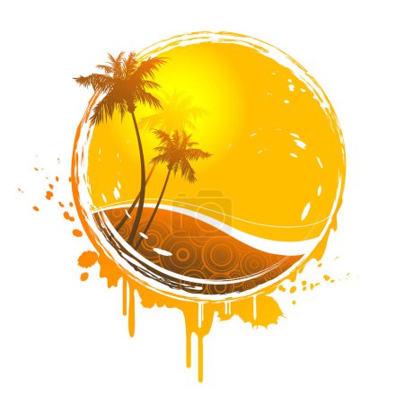 Illustration for Vector abstract background of the sunset and the sun. palm trees with sea and waves. summer time. the sea, the sun in the form - Royalty Free Image