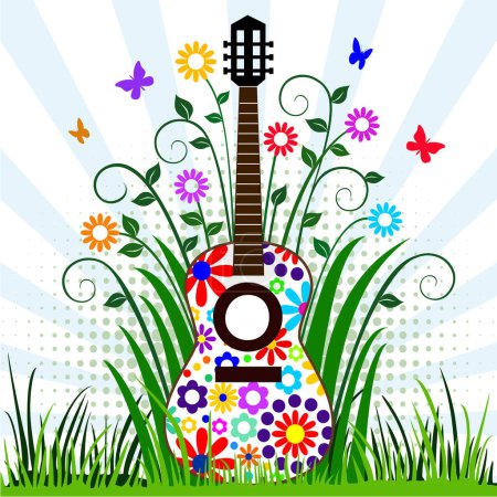 Téléchargez les photos : Guitare avec fond floral - en image libre de droit