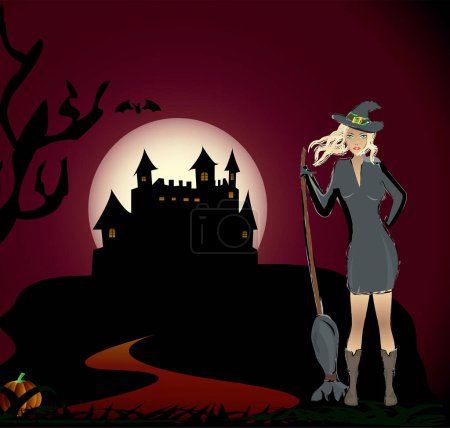 Téléchargez les illustrations : Sorcière d'Halloween sur le fond de la forêt. illustration vectorielle. - en licence libre de droit