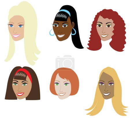 Téléchargez les illustrations : Ensemble de différentes femmes avec des coiffures, illustration vectorielle - en licence libre de droit