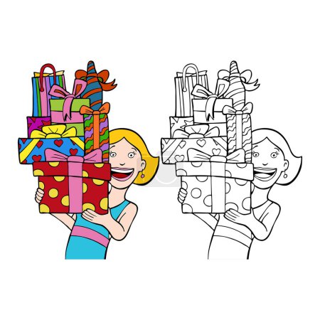 Téléchargez les illustrations : Petite fille avec des cadeaux dans les mains, illustration vectorielle - en licence libre de droit