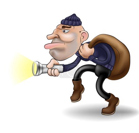 Téléchargez les illustrations : Illustration de dessin animé d'un voleur drôle avec lampe de poche. - en licence libre de droit