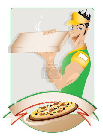 Téléchargez les illustrations : Illustration vectorielle de livreur de pizza avec pizza - en licence libre de droit