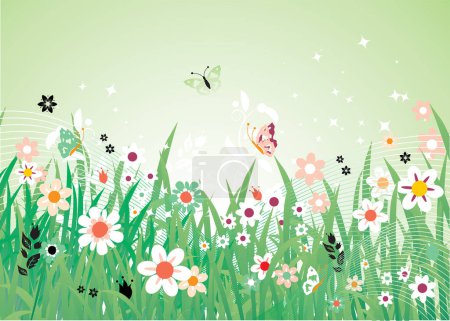 Ilustración de Flores de primavera y mariposas en la hierba - Imagen libre de derechos