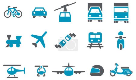 Téléchargez les illustrations : Ensemble d'icône vectorielle de transport. transport, voiture, hélicoptère, avion - en licence libre de droit