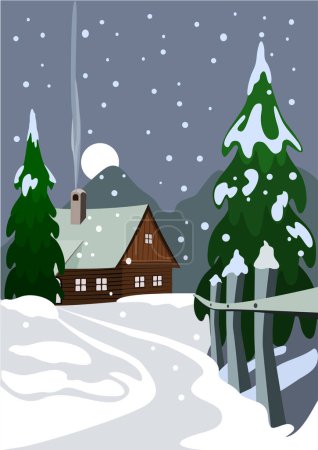 Illustration for Winter landscape with snowy fir tree, house, snow, mountains and trees - Royalty Free Image