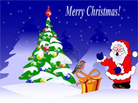 Ilustración de Tarjeta de Navidad, Santa Claus con regalos y ciervos - Imagen libre de derechos
