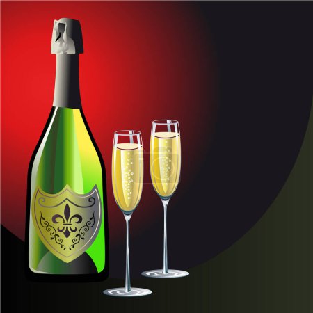 Ilustración de Botella de champán con una copa de champán sobre fondo negro. - Imagen libre de derechos