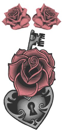 Téléchargez les illustrations : Illustration vectorielle d'un crâne avec des roses rouges et une rose - en licence libre de droit