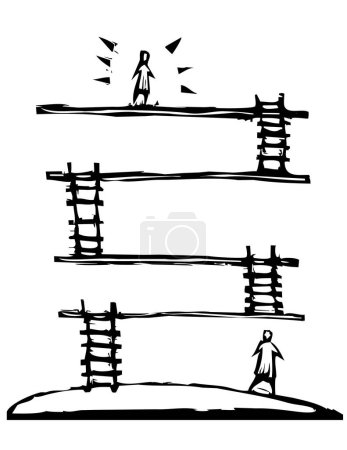 Ilustración de Vector dibujado a mano boceto de dos hombres caminando sobre una cuerda con una flecha negra. aislado en blanco - Imagen libre de derechos