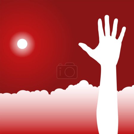 Téléchargez les illustrations : Silhouette de la main de la personne et le soleil sur fond rouge - en licence libre de droit