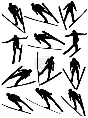 Illustration for Black silhouettes of people doing ski on a white background. vector illustration - Royalty Free Image