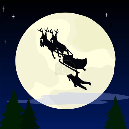 Téléchargez les illustrations : Santa claus sur traîneau avec rennes sur fond de lune - en licence libre de droit
