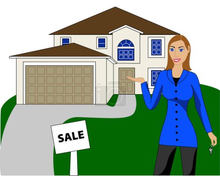 Téléchargez les illustrations : Un agent immobilier avec des clés annonçant une maison à vendre. - en licence libre de droit