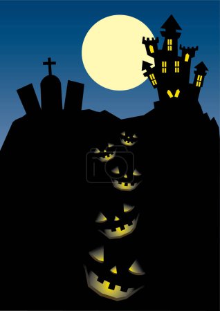Ilustración de Noche de Halloween con castillo y calabazas - Imagen libre de derechos
