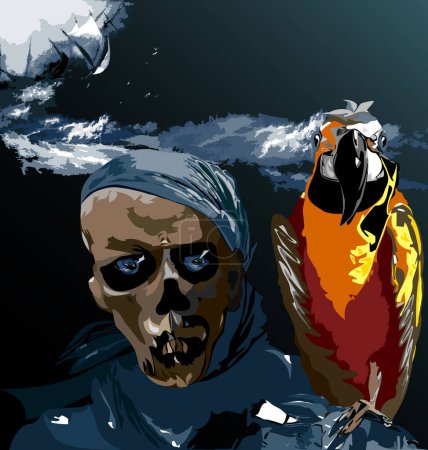 Ilustración de Ilustración de loro y cráneo con pájaro - Imagen libre de derechos