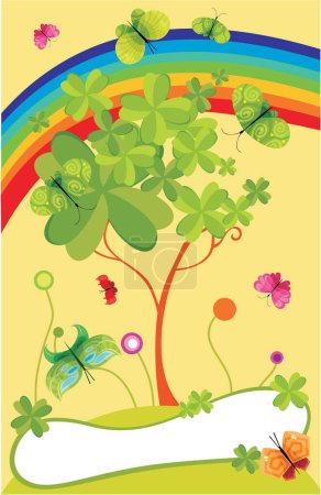 Ilustración de Ilustración vectorial de un hermoso fondo colorido con un árbol y un arco iris - Imagen libre de derechos