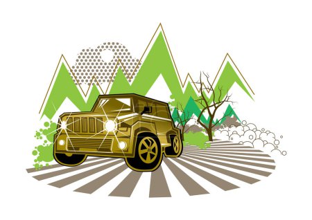 Téléchargez les illustrations : Voiture et montagnes avec des arbres en arrière-plan illustration vectorielle - en licence libre de droit