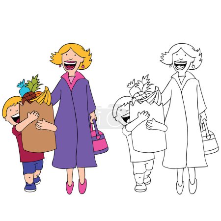 Téléchargez les illustrations : Grand-mère et petit-fils avec dessin animé d'épicerie - en licence libre de droit