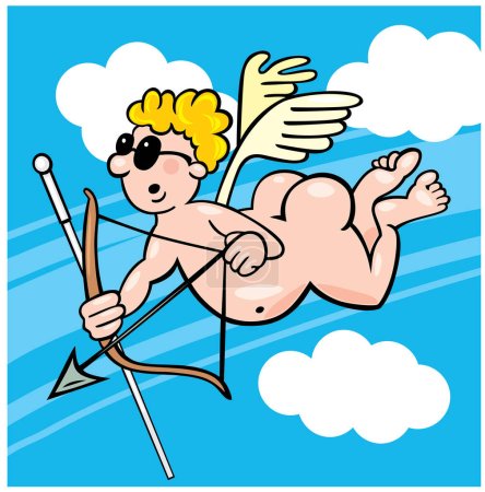 Téléchargez les illustrations : Personnage de dessin animé vectoriel de Cupidon volant avec flèche et arc sur le ciel. - en licence libre de droit