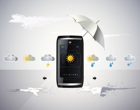 Illustration for Illustration of weather icons and smartphone - Royalty Free Image