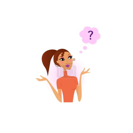 Illustration for Thinking woman with question mark. flat cartoon style. - Royalty Free Image