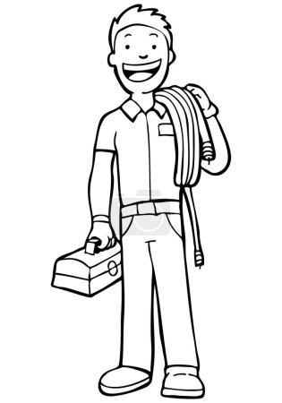 Téléchargez les illustrations : Personnage de dessin animé homme avec boîte à outils et boîte à outils - en licence libre de droit
