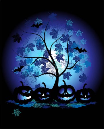 Illustration for Halloween background with trees, pumpkins and bats - Royalty Free Image