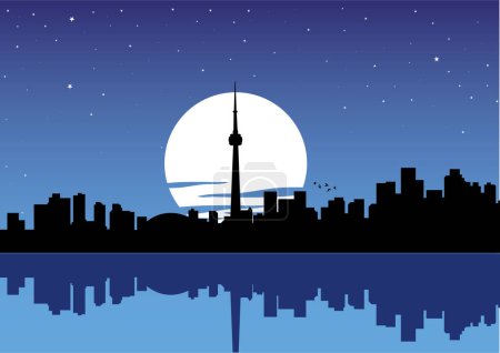 Téléchargez les illustrations : Illustration vectorielle d'un paysage nocturne avec la lune, les étoiles et la silhouette de la ville - en licence libre de droit