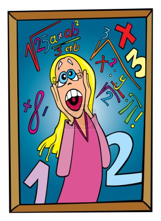 Téléchargez les illustrations : Personnage de dessin animé de la femme avec des nombres mathématiques - en licence libre de droit