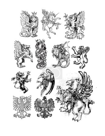 Téléchargez les illustrations : Jeu d'illustrations dessinées à la main de chevaliers médiévaux, médiévaux, héraldiques, médiévaux, dragon, aigle, bouclier, lion, lion, lion, - en licence libre de droit