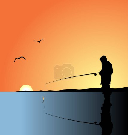 Ilustración de Silueta vectorial del pescador al atardecer al atardecer. - Imagen libre de derechos