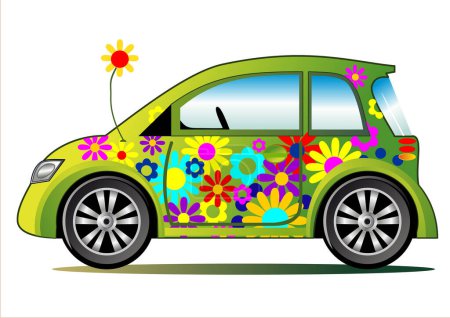 Téléchargez les illustrations : Illustration vectorielle de voiture avec fleur - en licence libre de droit