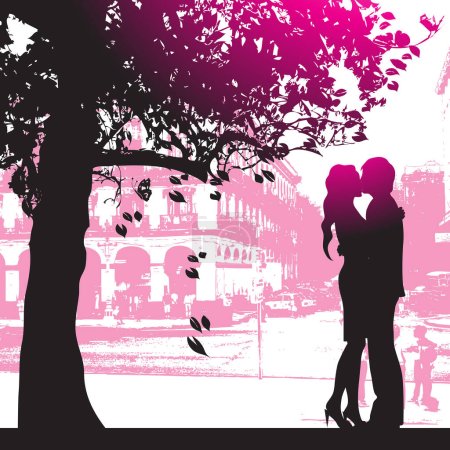 Illustration for Silhouette couple of love on the street of the old city, vector illustration - Royalty Free Image