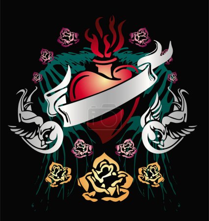 Téléchargez les illustrations : Illustration vectorielle de tatouage avec un coeur rouge, oiseaux, fleurs - en licence libre de droit