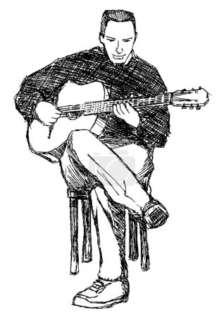 Téléchargez les illustrations : Homme jouant de la guitare, dessin à l'encre dessiné à la main - en licence libre de droit