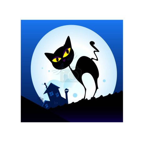 Illustration for Illustration for the halloween party, black cat and full moon - Royalty Free Image