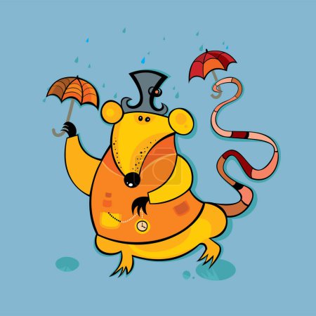 Illustration for Vector cute cartoon yellow rat in hat and with a umbrellas - Royalty Free Image