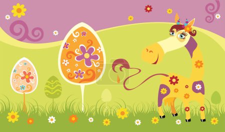 Téléchargez les illustrations : Carte de Pâques avec illustration vectorielle de cheval - en licence libre de droit