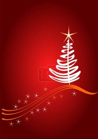 Illustration for Red background with christmas tree and snowflakes, vector illustration - Royalty Free Image