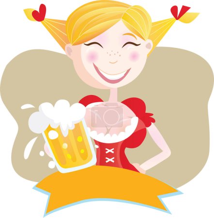 Téléchargez les illustrations : Illustration de dessin animé avec une femme dans une robe bavaroise traditionnelle et une tasse de bière - en licence libre de droit