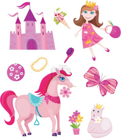 Téléchargez les illustrations : Ensemble de princesse et cheval, illustration vectorielle - en licence libre de droit